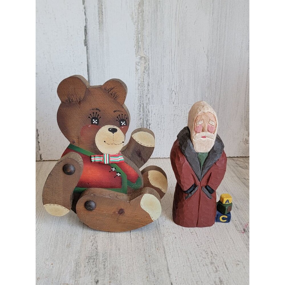 Vintage wooden teddy bear Santa Claus unique rustic‎ folk art set decor